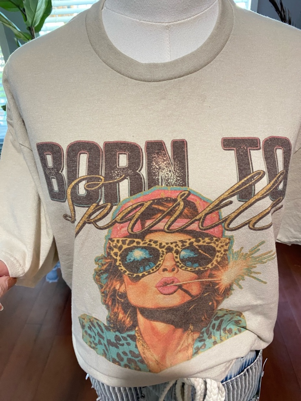 Born to Sparkle Graphic Tee - Beige with Multicolor Print
